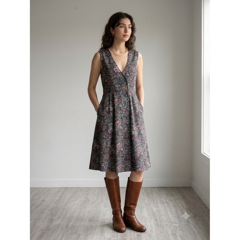 Cottagecore Vintage Eddie Bauer Womens L  Multicolor Floral Corduroy Midi Dress
